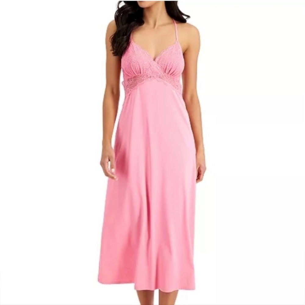 INC Lingerie Lace Trim Cutout Back Chemise Nightgown Foxy Pink Size XL